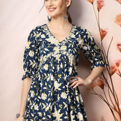 Stylum Women's Blue Floral Printed Cotton Pleated Dress (DRSBLUEDRUM)