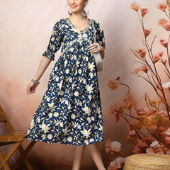 Stylum Women's Blue Floral Printed Cotton Pleated Dress (DRSBLUEDRUM)