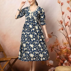 Stylum Women's Blue Floral Printed Cotton Pleated Dress (DRSBLUEDRUM)