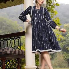 Stylum Women's Blue Khadi Printed Cotton Flared Dress (DRSBLUEHAMPI)