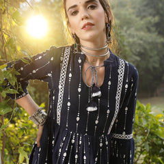 Stylum Women's Blue Khadi Printed Cotton Flared Dress (DRSBLUEHAMPI)