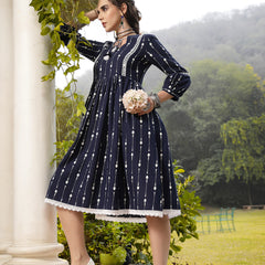 Stylum Women's Blue Khadi Printed Cotton Flared Dress (DRSBLUEHAMPI)