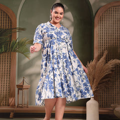 Stylum Women's Plus Size Blue Floral Printed Cotton Flared Dress (DRSBLUEKINNUPLUS)