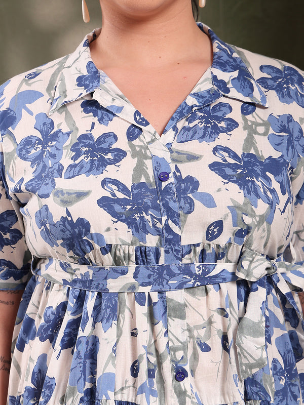 Stylum Women's Plus Size Blue Floral Printed Cotton Flared Dress (DRSBLUEKINNUPLUS)