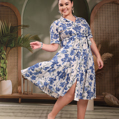 Stylum Women's Plus Size Blue Floral Printed Cotton Flared Dress (DRSBLUEKINNUPLUS)