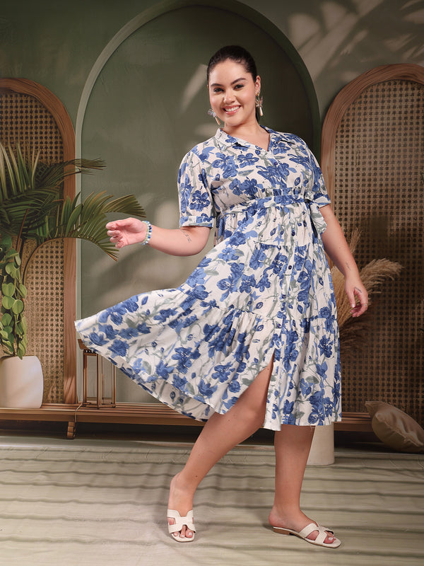 Stylum Women's Plus Size Blue Floral Printed Cotton Flared Dress (DRSBLUEKINNUPLUS)