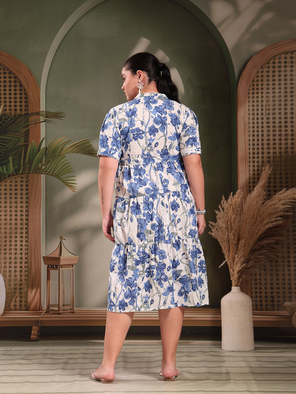 Stylum Women's Plus Size Blue Floral Printed Cotton Flared Dress (DRSBLUEKINNUPLUS)