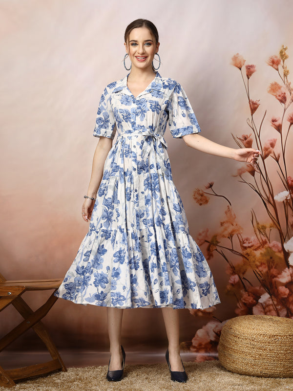 Stylum Women's Floral Printed Cotton Flared Dress (DRSBLUEKINNU)