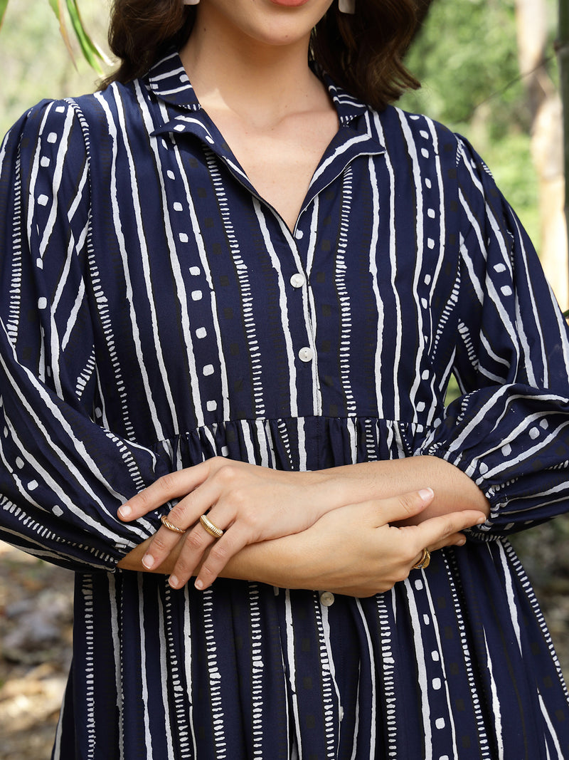 Stylum Women's Blue Striped Khari Printed Rayon Dress (DRSBLUELAMPI)