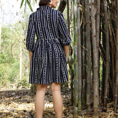 Stylum Women's Blue Striped Khari Printed Rayon Dress (DRSBLUELAMPI)