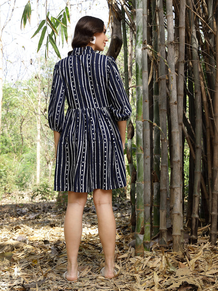 Stylum Women's Blue Striped Khari Printed Rayon Dress (DRSBLUELAMPI)