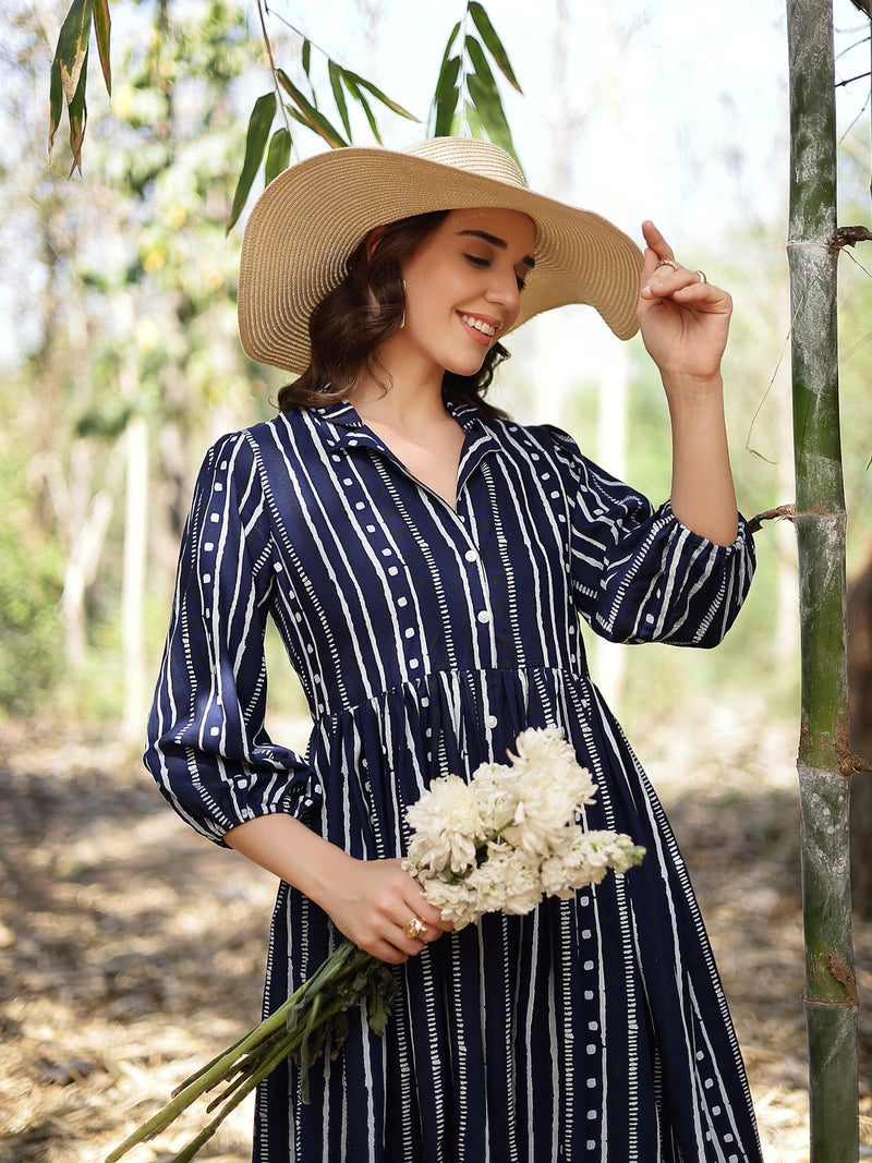 Stylum Women's Blue Striped Khari Printed Rayon Dress (DRSBLUELAMPI)