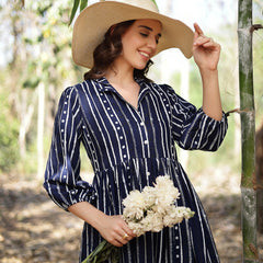 Stylum Women's Blue Striped Khari Printed Rayon Dress (DRSBLUELAMPI)