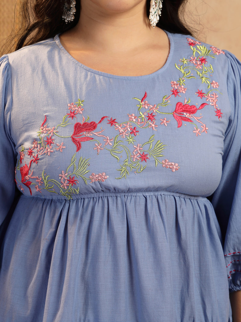 Stylum Women's Plus Size Blue Solid & Embroidered Cotton Tiered Dress (DRSBLUELEETAPLUS)