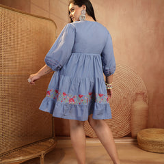 Stylum Women's Plus Size Blue Solid & Embroidered Cotton Tiered Dress (DRSBLUELEETAPLUS)