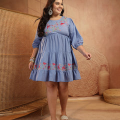 Stylum Women's Plus Size Blue Solid & Embroidered Cotton Tiered Dress (DRSBLUELEETAPLUS)
