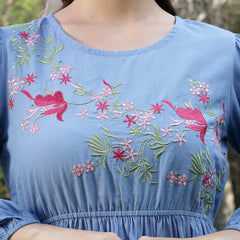 Stylum Women's Blue Solid & Embroidered Cotton Tiered Dress (DRSBLUELEETA)