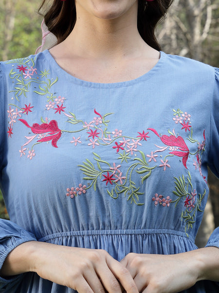 Stylum Women's Blue Solid & Embroidered Cotton Tiered Dress (DRSBLUELEETA)