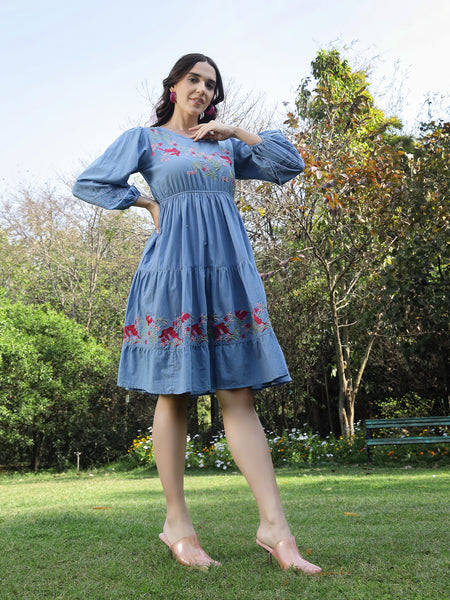 Stylum Women's Blue Solid & Embroidered Cotton Tiered Dress (DRSBLUELEETA)