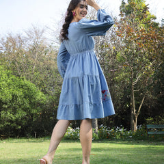 Stylum Women's Blue Solid & Embroidered Cotton Tiered Dress (DRSBLUELEETA)