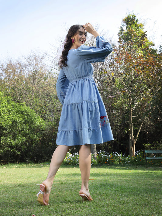 Stylum Women's Blue Solid & Embroidered Cotton Tiered Dress (DRSBLUELEETA)