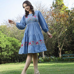 Stylum Women's Blue Solid & Embroidered Cotton Tiered Dress (DRSBLUELEETA)