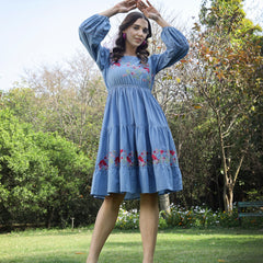 Stylum Women's Blue Solid & Embroidered Cotton Tiered Dress (DRSBLUELEETA)