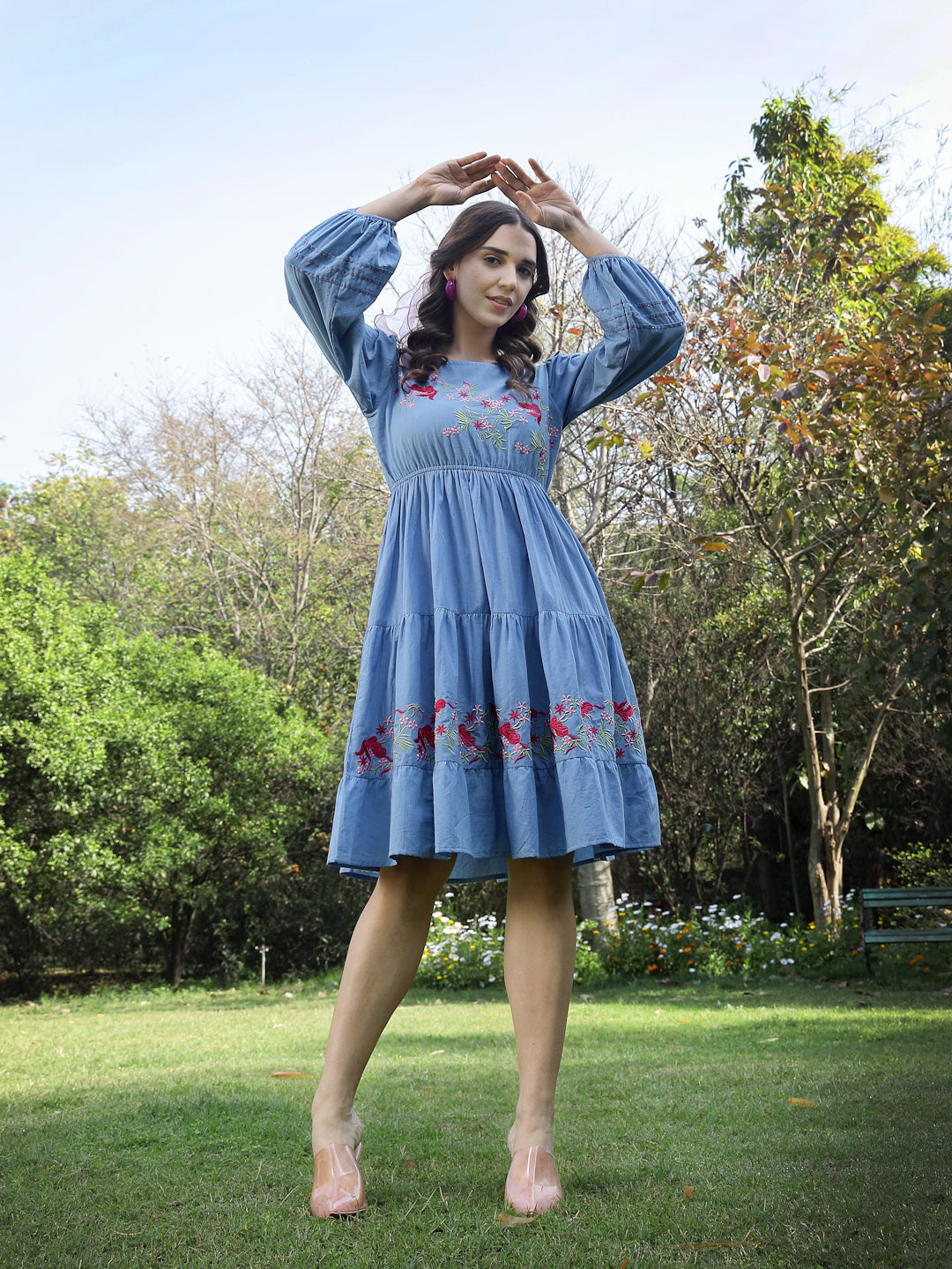 Stylum Women's Blue Solid & Embroidered Cotton Tiered Dress (DRSBLUELEETA)