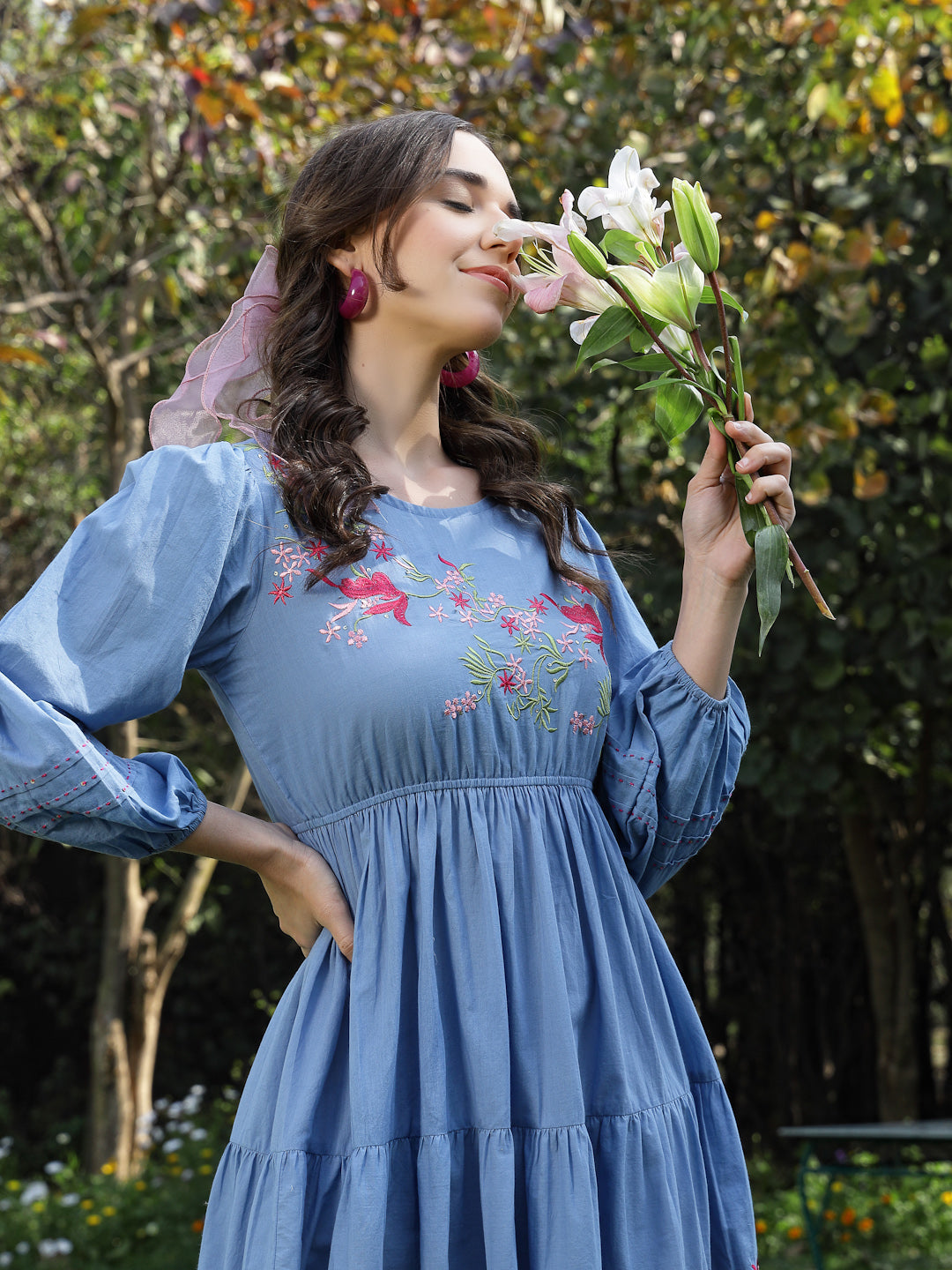 Stylum Women's Blue Solid & Embroidered Cotton Tiered Dress (DRSBLUELEETA)