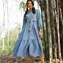 Stylum Women's Blue Solid & Embroidered Rayon Flared Dress (DRSBLUELUCK)