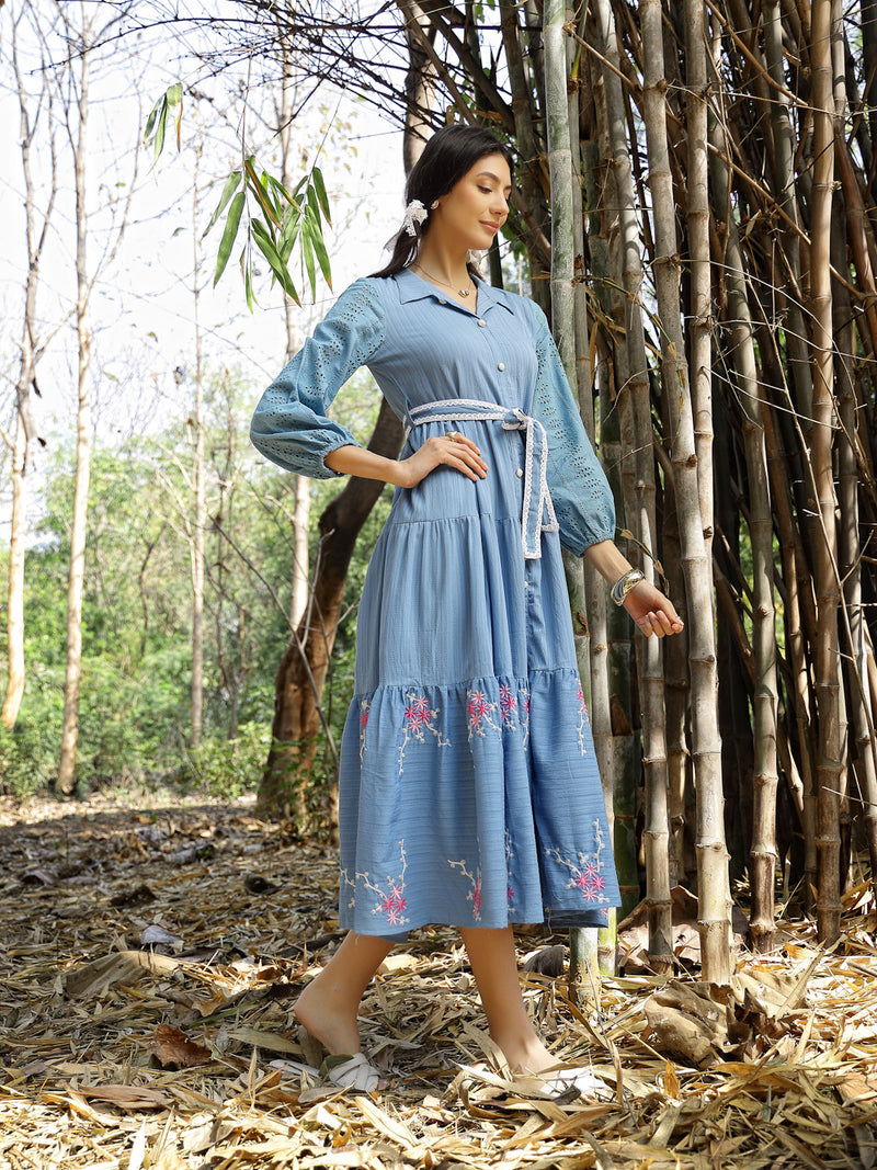 Stylum Women's Blue Solid & Embroidered Rayon Flared Dress (DRSBLUELUCK)