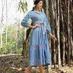 Stylum Women's Blue Solid & Embroidered Rayon Flared Dress (DRSBLUELUCK)
