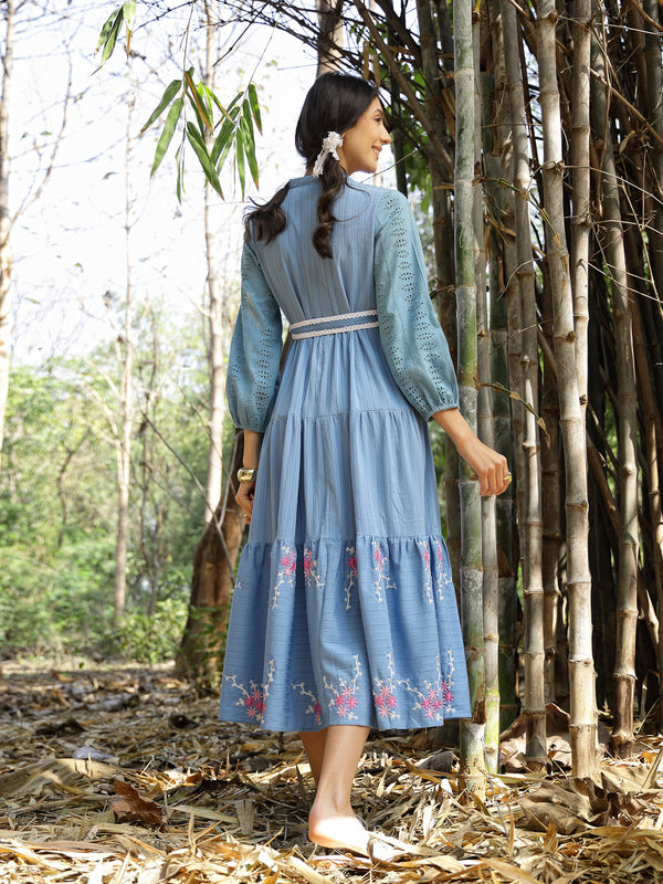 Stylum Women's Blue Solid & Embroidered Rayon Flared Dress (DRSBLUELUCK)