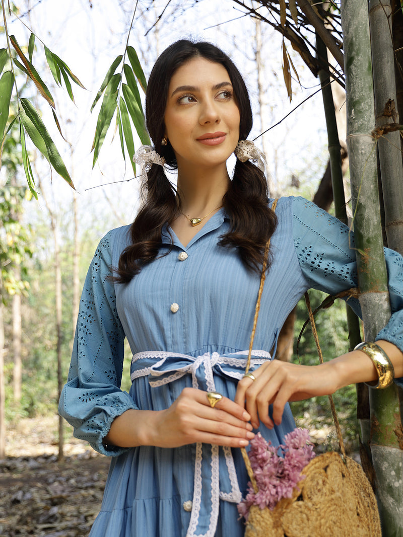 Stylum Women's Blue Solid & Embroidered Rayon Flared Dress (DRSBLUELUCK)