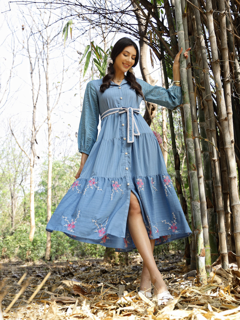 Stylum Women's Blue Solid & Embroidered Rayon Flared Dress (DRSBLUELUCK)