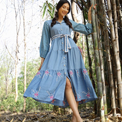Stylum Women's Blue Solid & Embroidered Rayon Flared Dress (DRSBLUELUCK)