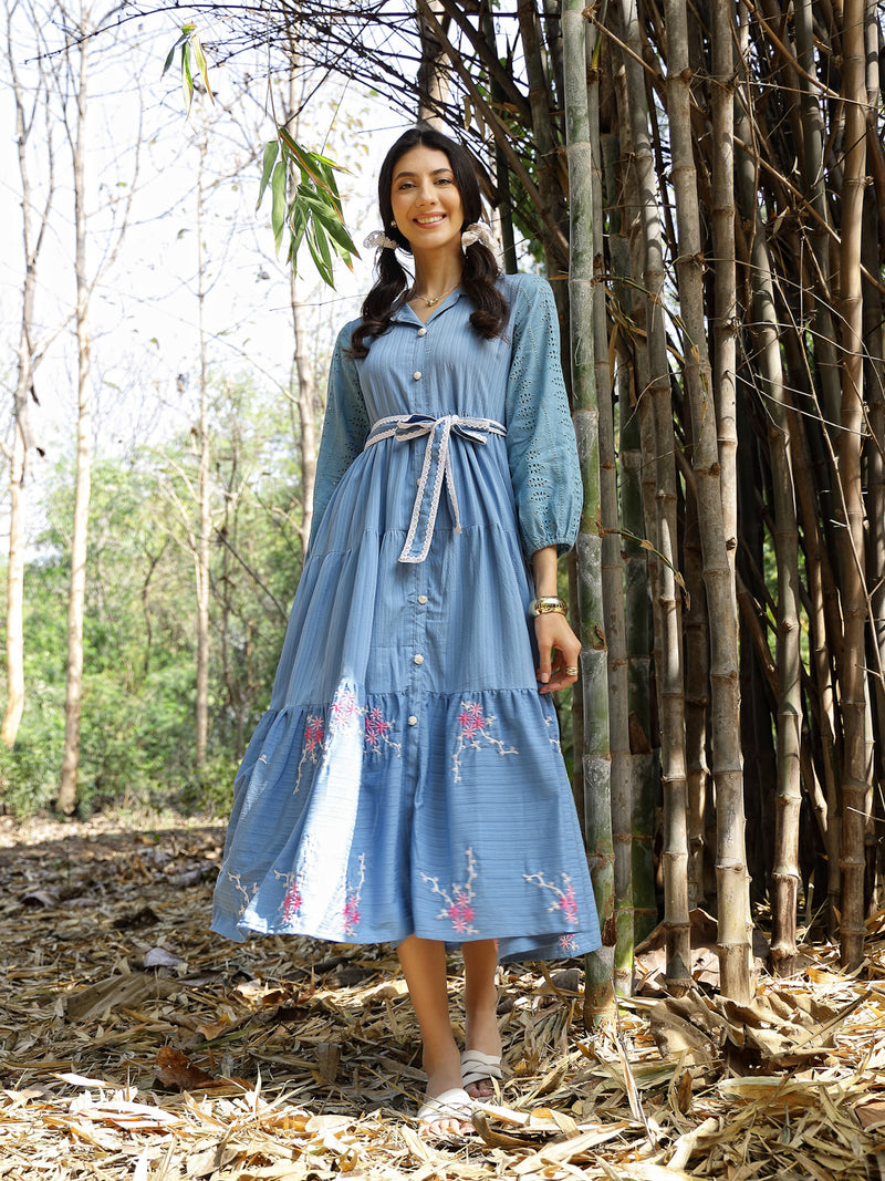 Stylum Women's Blue Solid & Embroidered Rayon Flared Dress (DRSBLUELUCK)