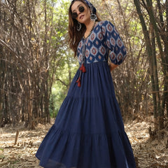 Stylum Women's Blue Solid Cotton Tiered Dress With Ethnic Jacket (DRSBLUEMODA)
