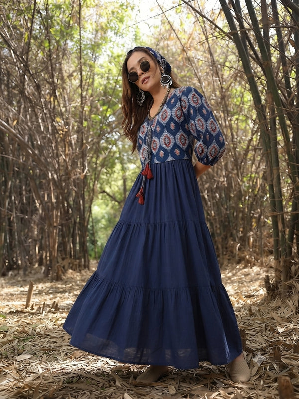 Stylum Women's Blue Solid Cotton Tiered Dress With Ethnic Jacket (DRSBLUEMODA)