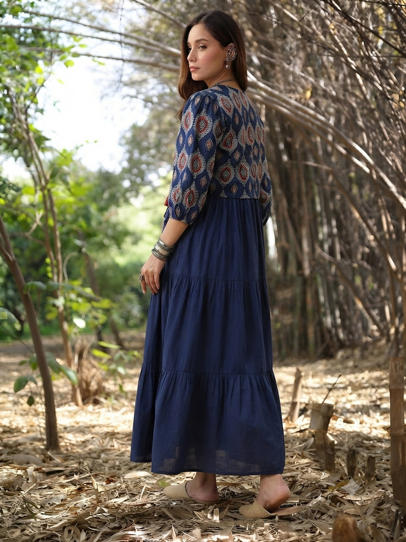 Stylum Women's Blue Solid Cotton Tiered Dress With Ethnic Jacket (DRSBLUEMODA)