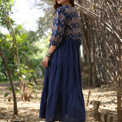 Stylum Women's Blue Solid Cotton Tiered Dress With Ethnic Jacket (DRSBLUEMODA)