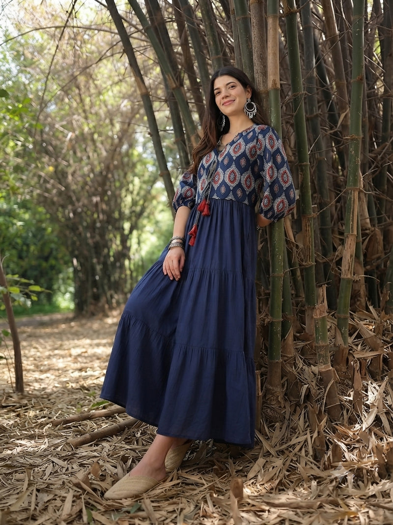Stylum Women's Blue Solid Cotton Tiered Dress With Ethnic Jacket (DRSBLUEMODA)