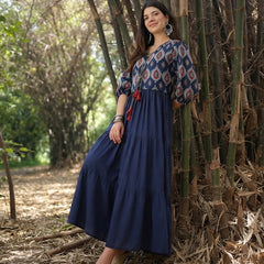 Stylum Women's Blue Solid Cotton Tiered Dress With Ethnic Jacket (DRSBLUEMODA)