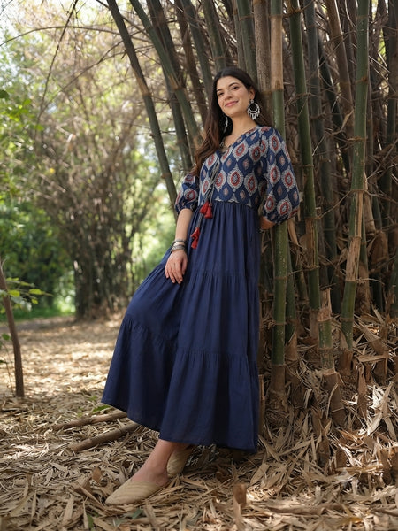 Stylum Women's Blue Solid Cotton Tiered Dress With Ethnic Jacket (DRSBLUEMODA)