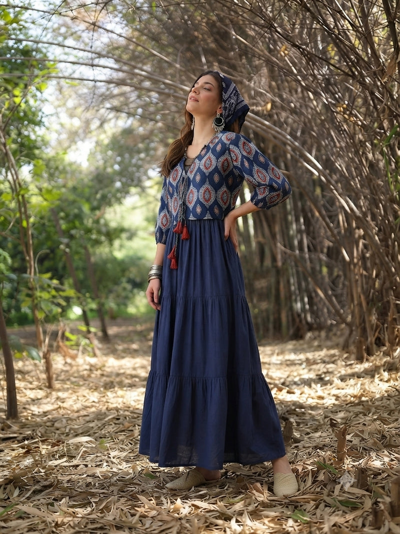 Stylum Women's Blue Solid Cotton Tiered Dress With Ethnic Jacket (DRSBLUEMODA)
