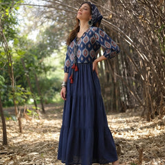Stylum Women's Blue Solid Cotton Tiered Dress With Ethnic Jacket (DRSBLUEMODA)