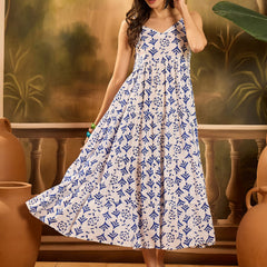 Stylum Women's Blue Printed Cotton Flared Dress (DRSBLUEMYLO)