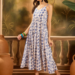 Stylum Women's Blue Printed Cotton Flared Dress (DRSBLUEMYLO)