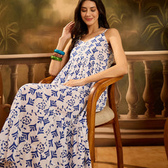 Stylum Women's Blue Printed Cotton Flared Dress (DRSBLUEMYLO)