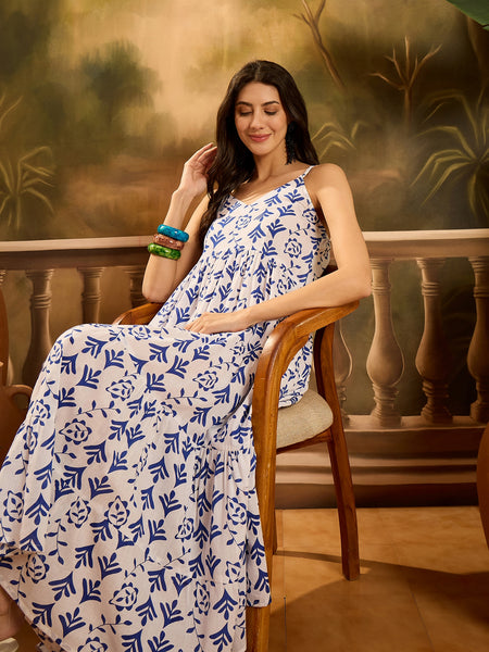 Stylum Women's Blue Printed Cotton Flared Dress (DRSBLUEMYLO)